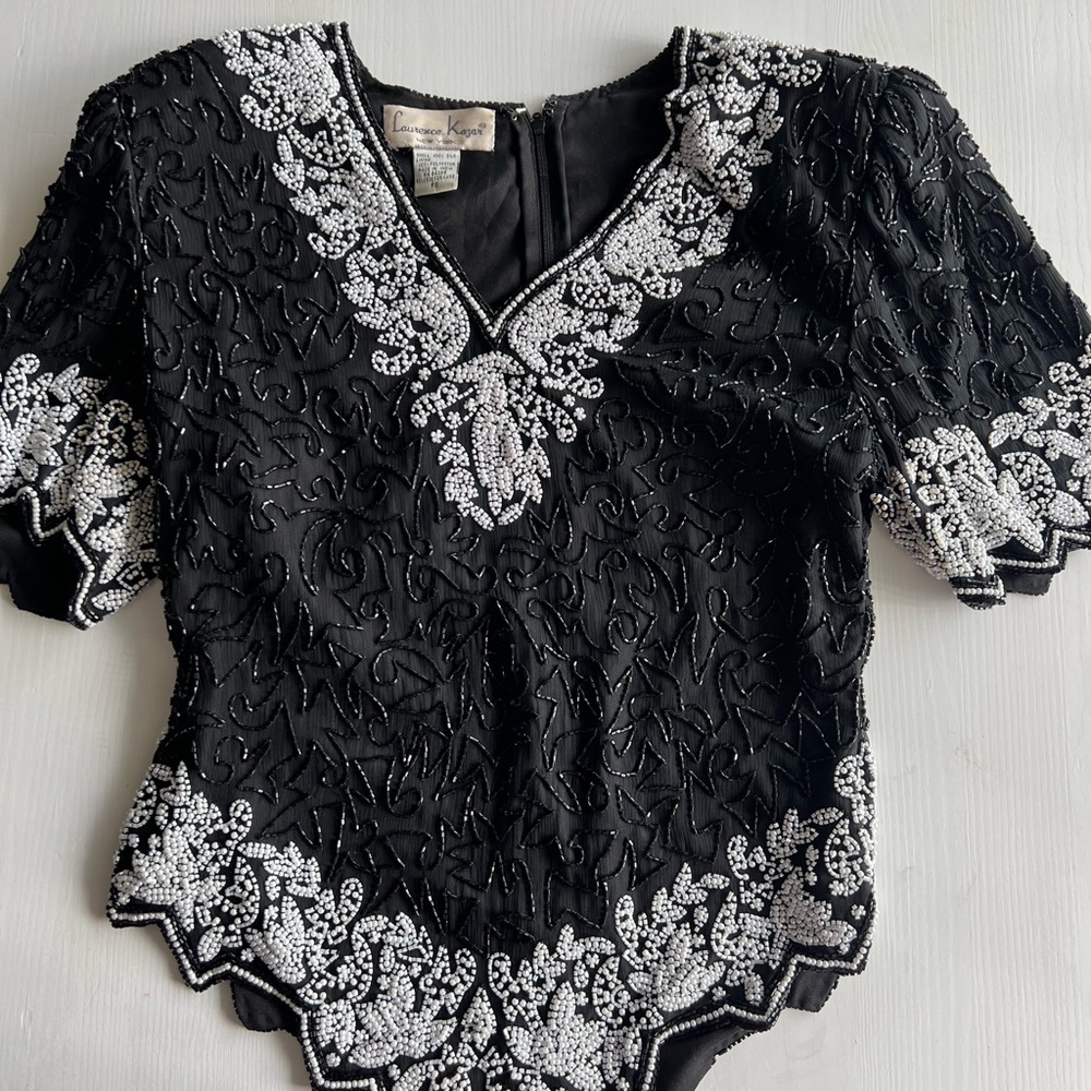 Vtg Laurence Kazar Sequin  Top Size PS Black Silver Silk Beaded Blouse Party